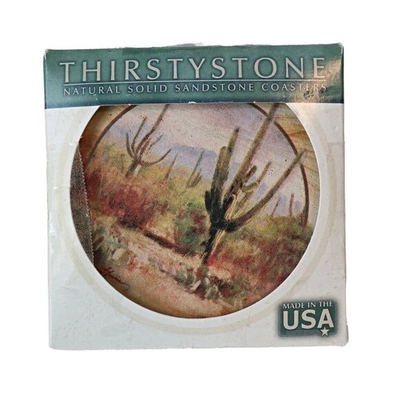 4 Vintage Thirstystone Drink Coaster Barware Sandstone Saguaros/Arizona - Picture 1 of 4